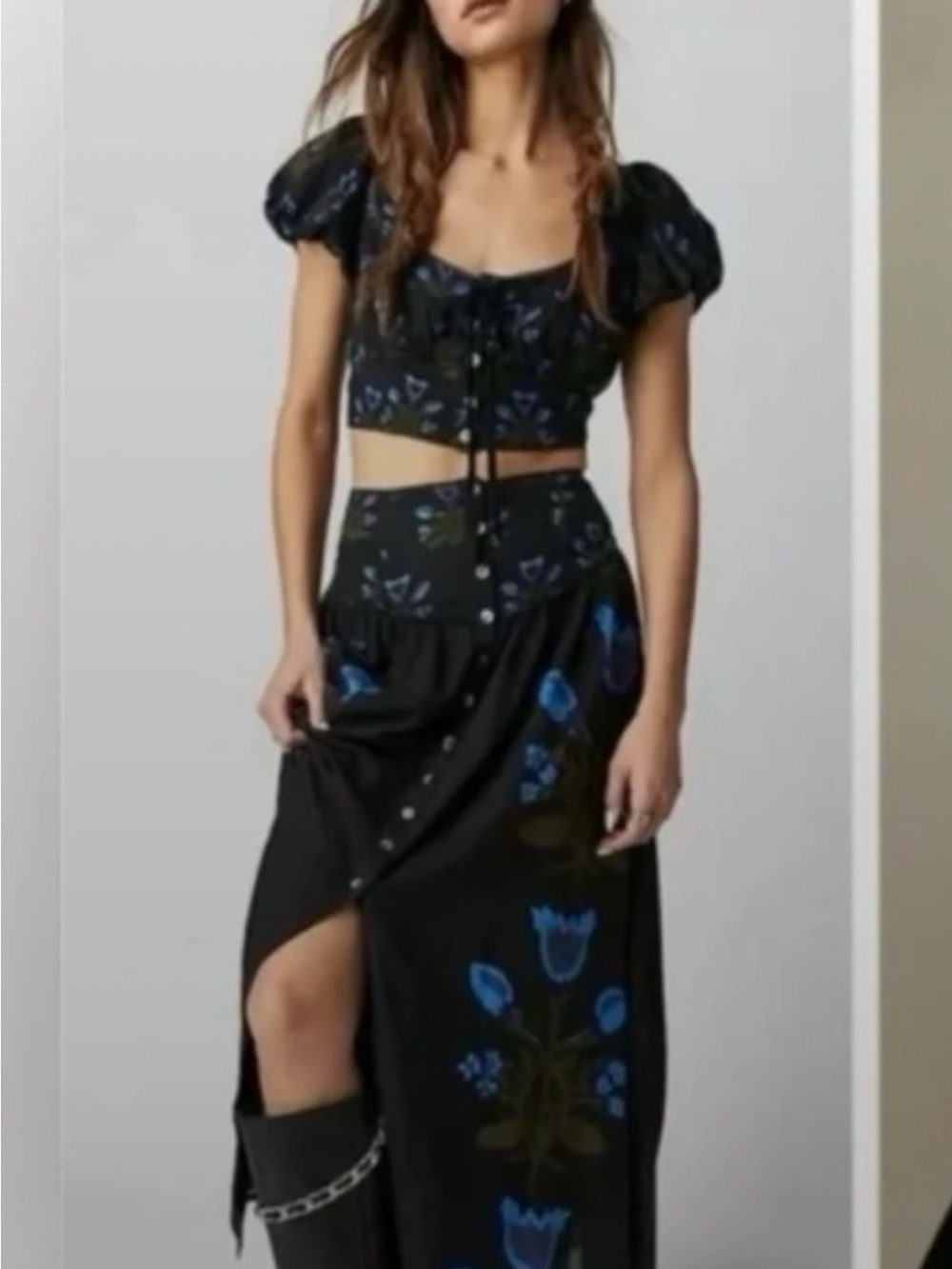 Free People Black Floral Crop Top & Maxi Skirt Set with Blue flowers size XS